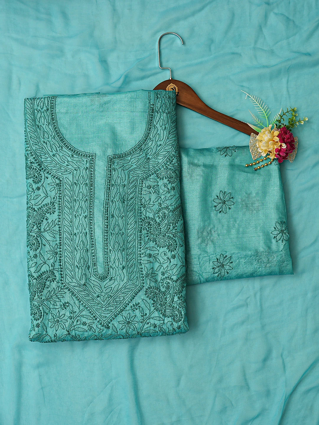 Ada Hand Embroidered Blue (Munsell) Silk Lucknowi Chikankari Unstitched Suit Piece 01A815862