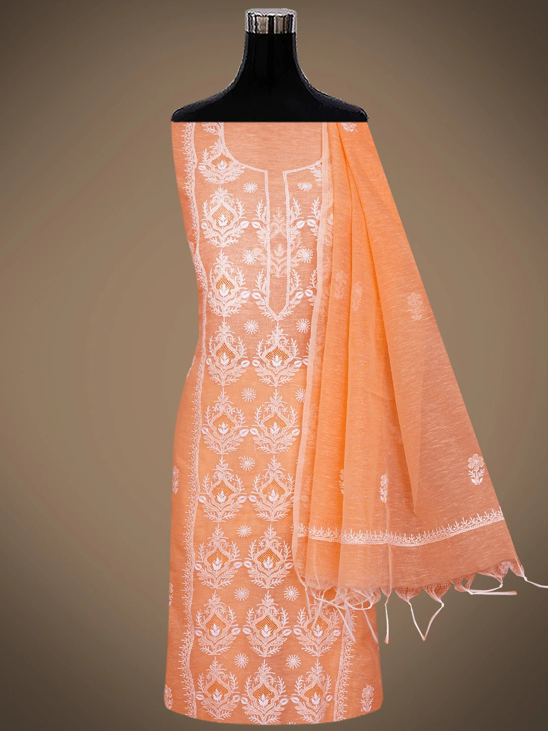 Ada Hand Embroidered Peach Chanderi Lucknowi Chikankari Unstitched Kurta Dupatta Set 01A744618
