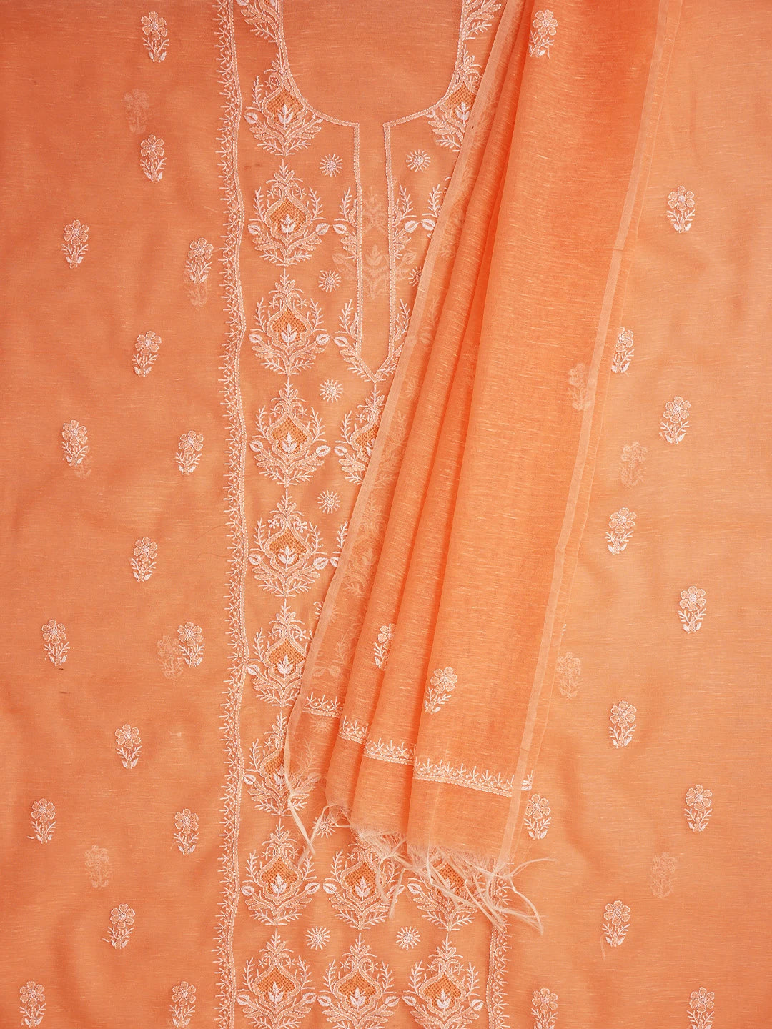 Ada Hand Embroidered Peach Chanderi Lucknowi Chikankari Unstitched Kurta Dupatta Set 01A744618
