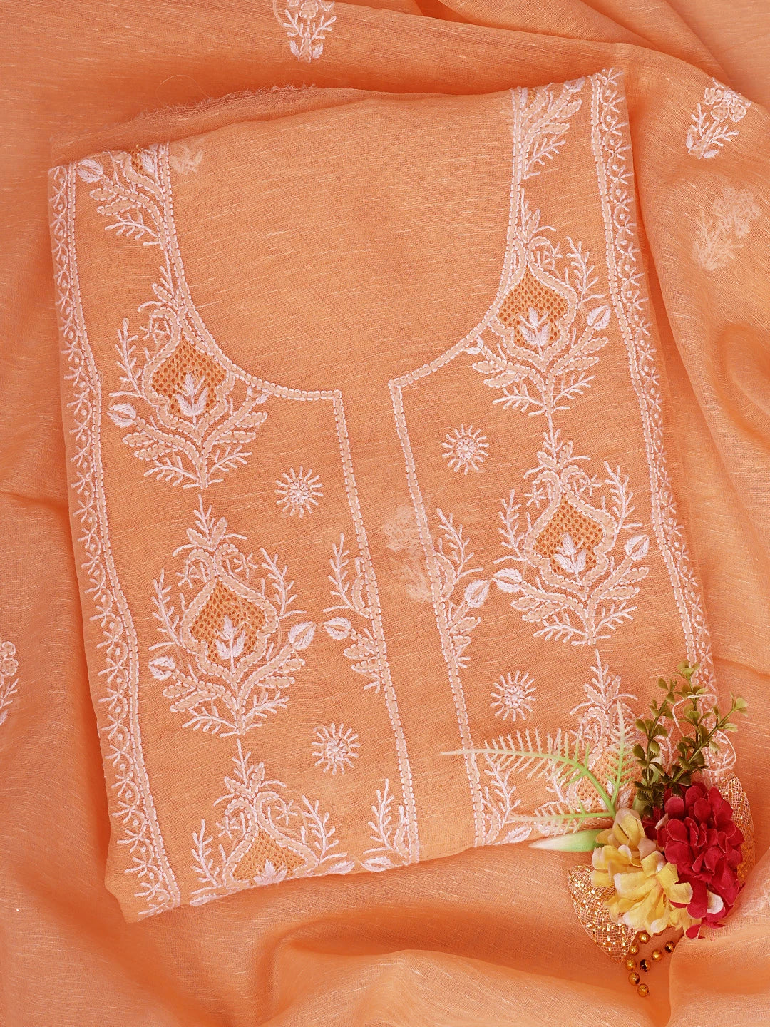Ada Hand Embroidered Peach Chanderi Lucknowi Chikankari Unstitched Kurta Dupatta Set 01A744618