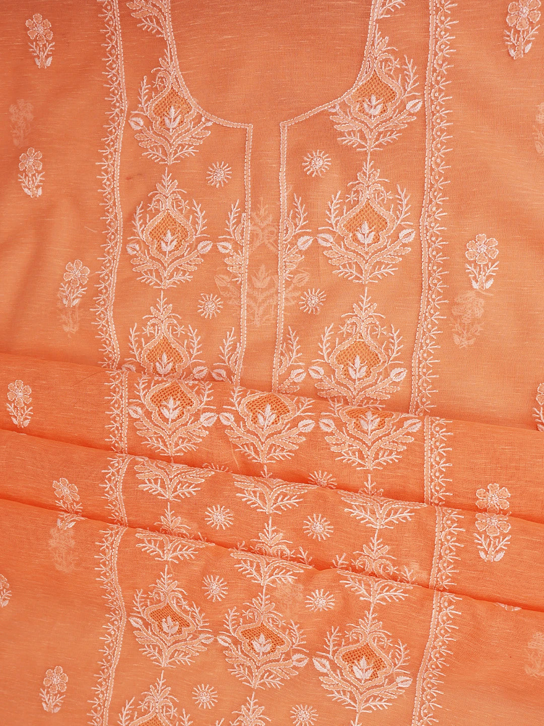Ada Hand Embroidered Peach Chanderi Lucknowi Chikankari Unstitched Kurta Dupatta Set 01A744618