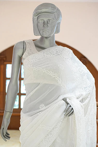 Ada Hand Embroidered White Viscose Georgette Lucknowi Chikankari Saree and Blouse With Cutdana Work 01A833507