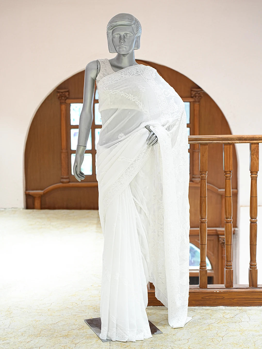 Ada Hand Embroidered White Viscose Georgette Lucknowi Chikankari Saree and Blouse With Cutdana Work 01A833507