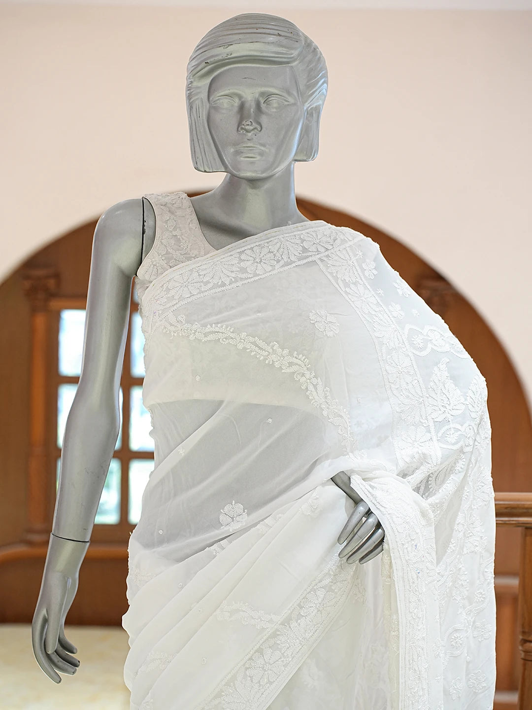 Ada Hand Embroidered White Viscose Georgette Lucknowi Chikankari Saree and Blouse With Cutdana Work 01A833507