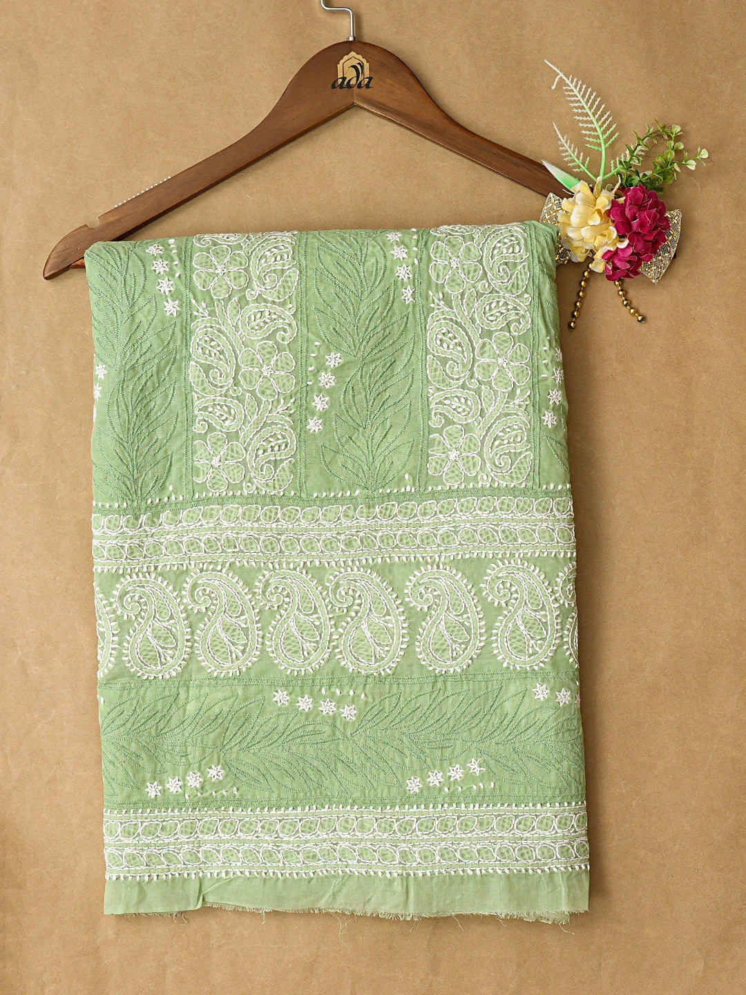 Ada Hand Embroidered Green Cotton Lucknowi Chikankari Unstitched Kurta Piece 01A835508