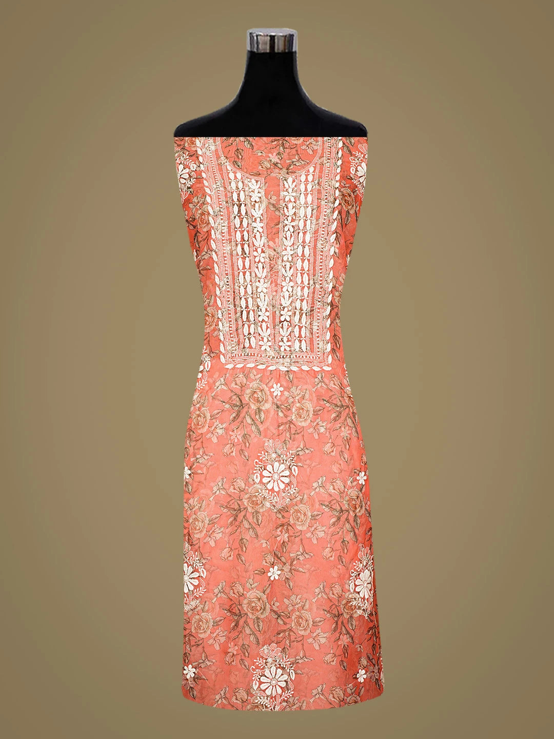 Ada Hand Embroidered Floral Printed Orange Organza Lucknowi Chikankari Unstitched Kurta Piece 01A833692