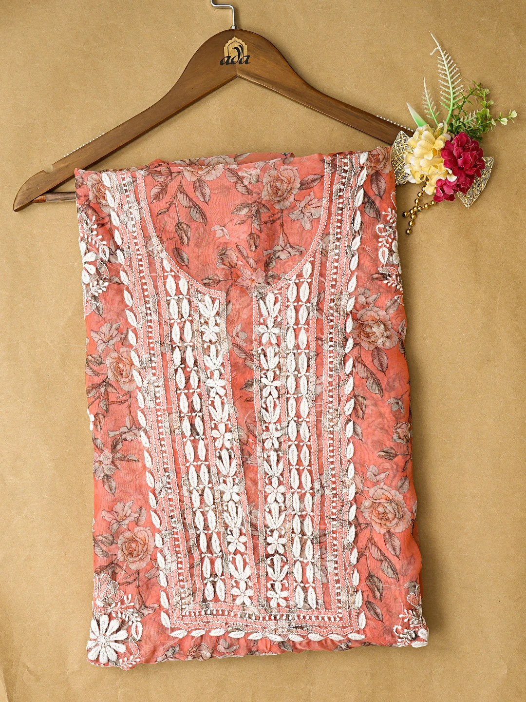 Ada Hand Embroidered Floral Printed Orange Organza Lucknowi Chikankari Unstitched Kurta Piece 01A833692