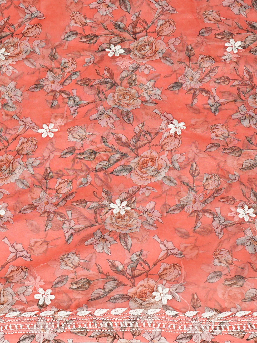 Ada Hand Embroidered Floral Printed Orange Organza Lucknowi Chikankari Unstitched Kurta Piece 01A833692
