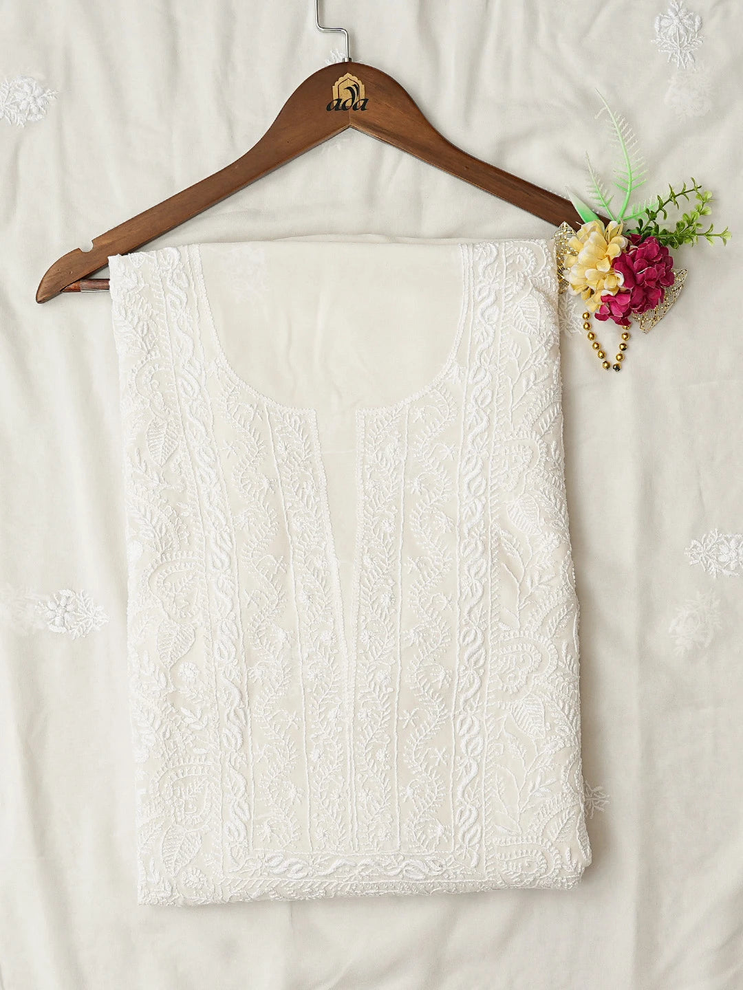 Ada Hand Embroidered White Pure Georgette Lucknowi Chikankari Unstitched Kurta Dupatta Set 01A797469
