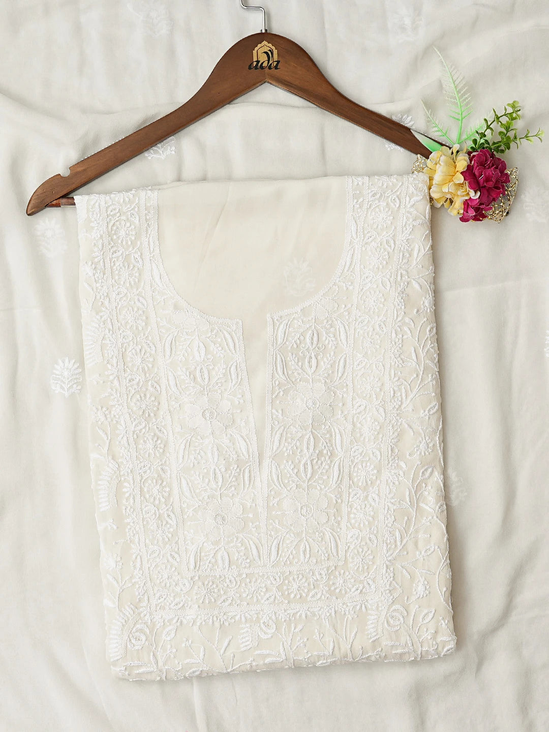 Ada Hand Embroidered White Pure Georgette Lucknowi Chikankari Unstitched Kurta Dupatta Set 01A675678