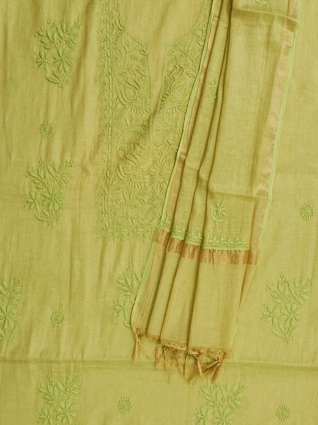 Ada Hand Embroidered Green Tissue Lucknowi Chikankari Unstitched Kurta Dupatta Set 01A773141