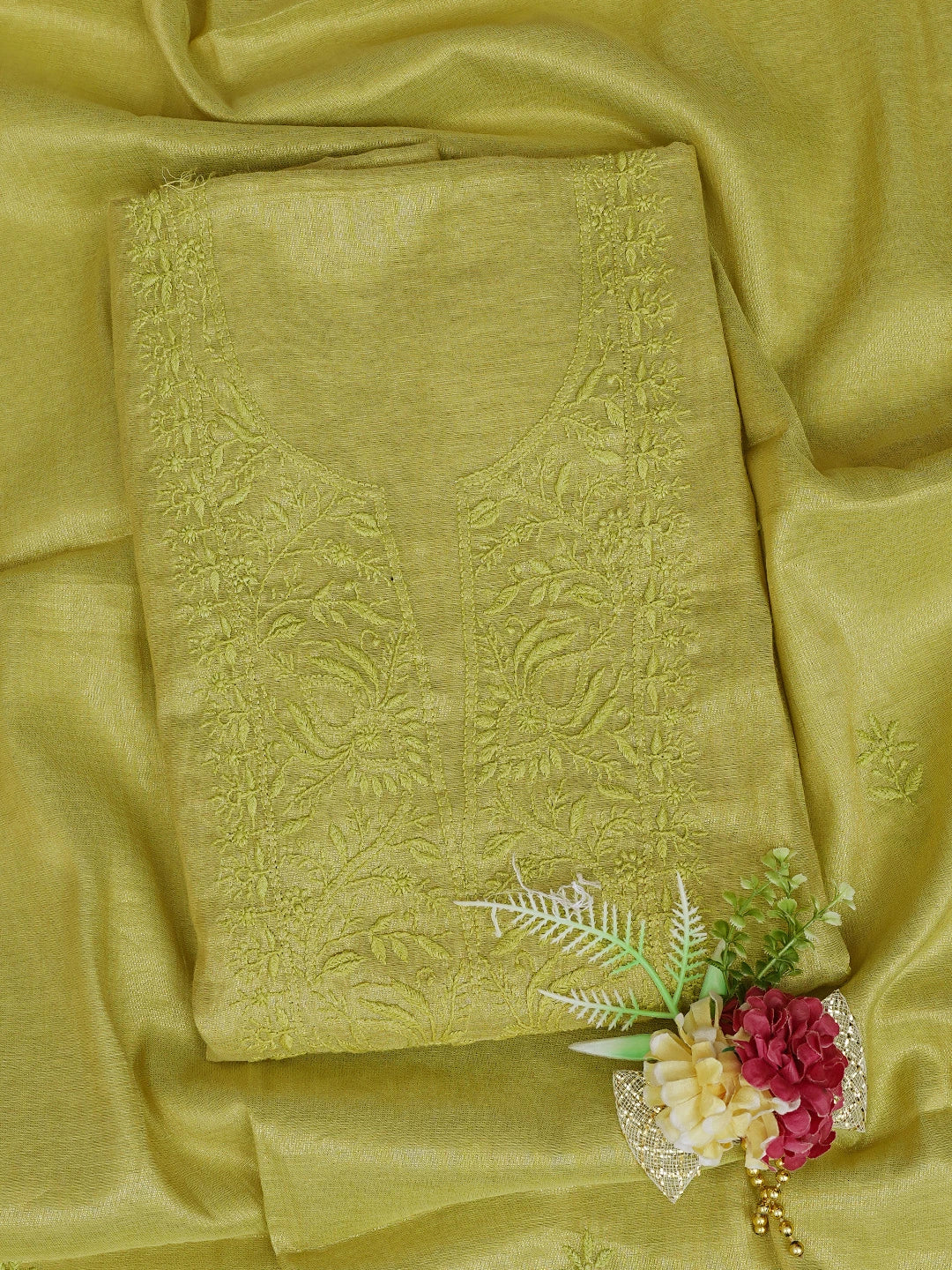 Ada Hand Embroidered Green Tissue Lucknowi Chikankari Unstitched Kurta Dupatta Set 01A773141
