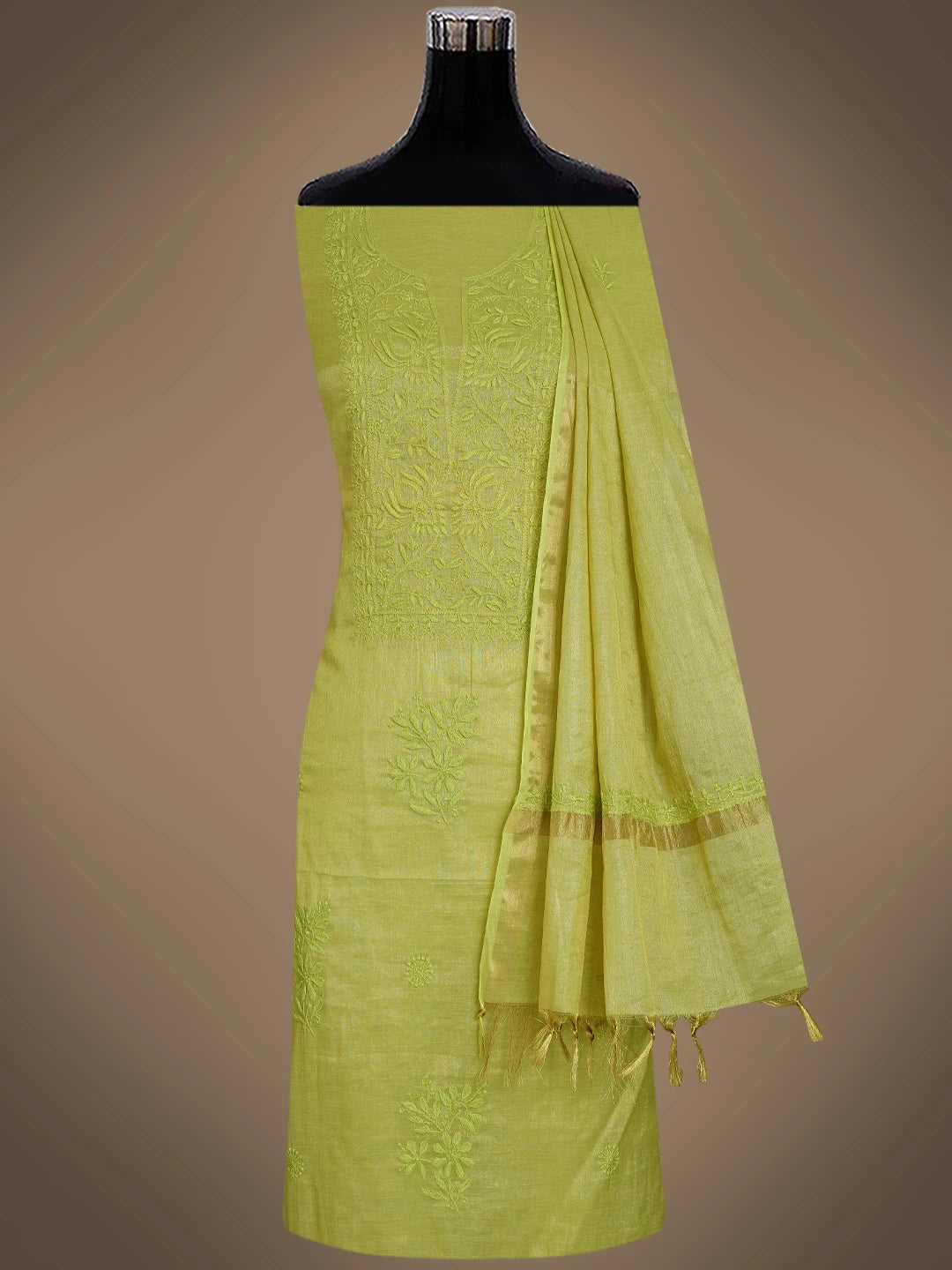 Ada Hand Embroidered Green Tissue Lucknowi Chikankari Unstitched Kurta Dupatta Set 01A773141