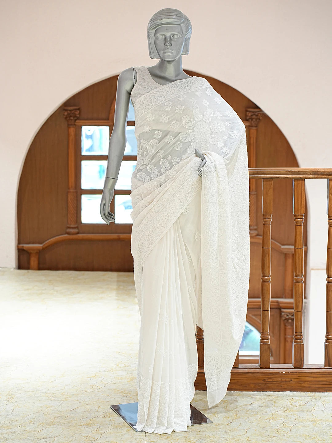 Ada Hand Embroidered White Pure Georgette Lucknowi Chikankari Saree and Blouse 01A834730