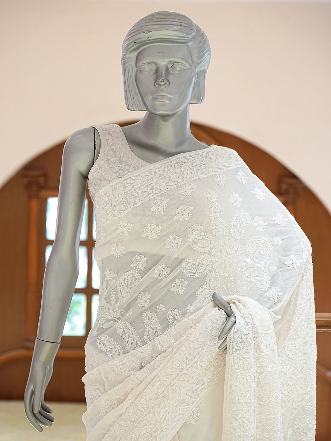 Ada Hand Embroidered White Pure Georgette Lucknowi Chikankari Saree and Blouse 01A834730