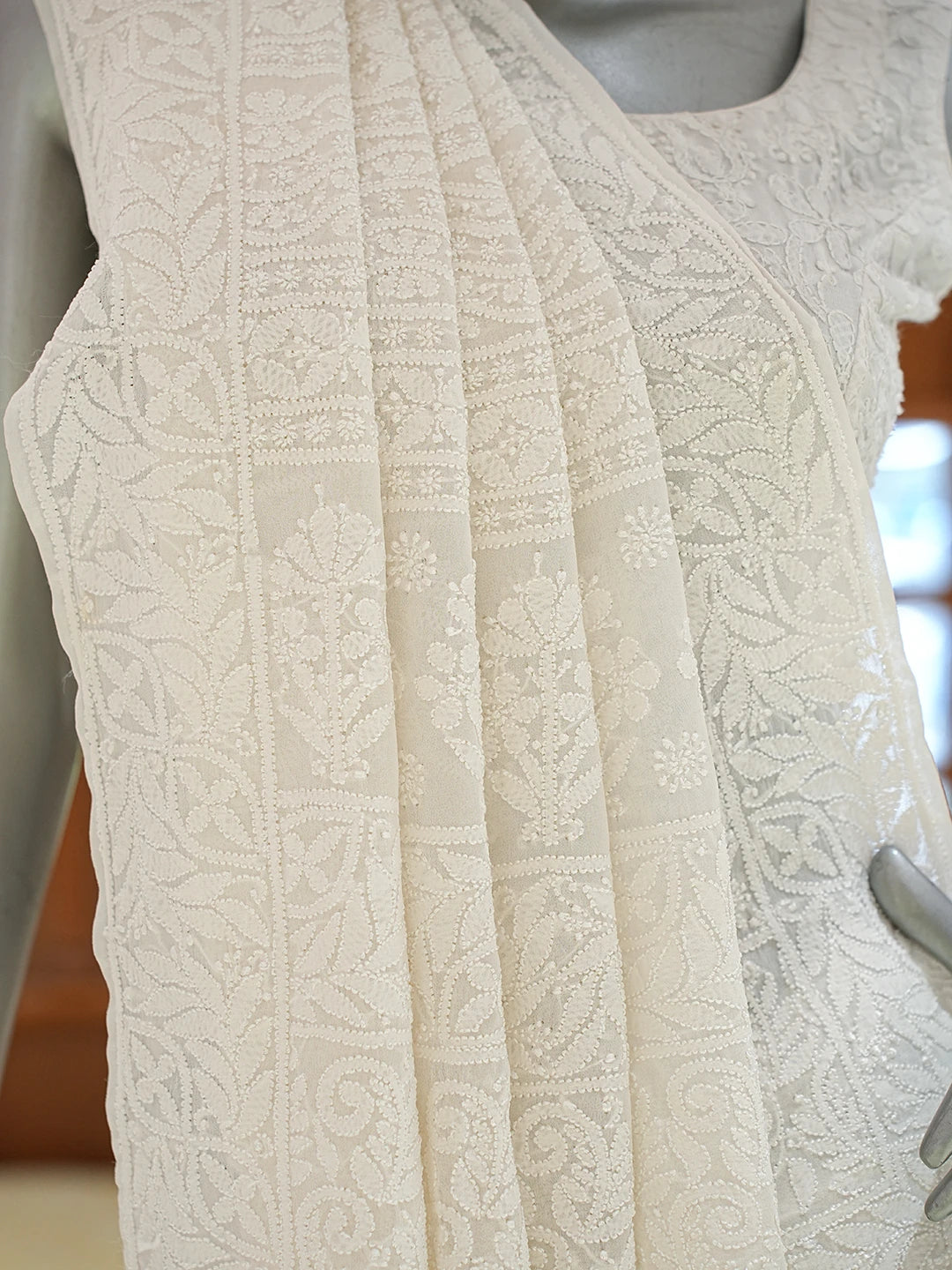 Ada Hand Embroidered White Pure Georgette Lucknowi Chikankari Saree and Blouse 01A834730