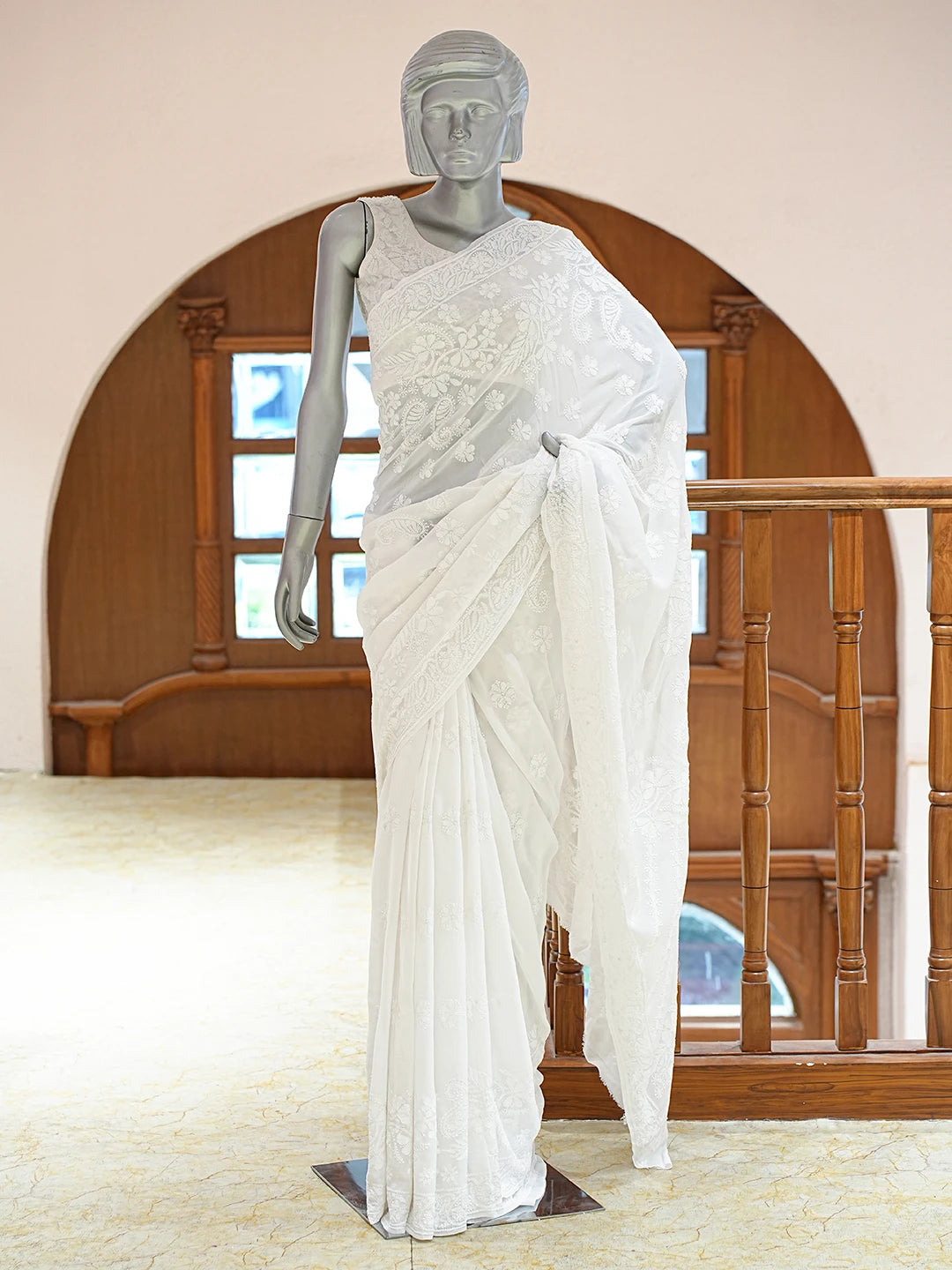 Ada Hand Embroidered White Pure Georgette Lucknowi Chikankari Saree and Blouse 01A834734