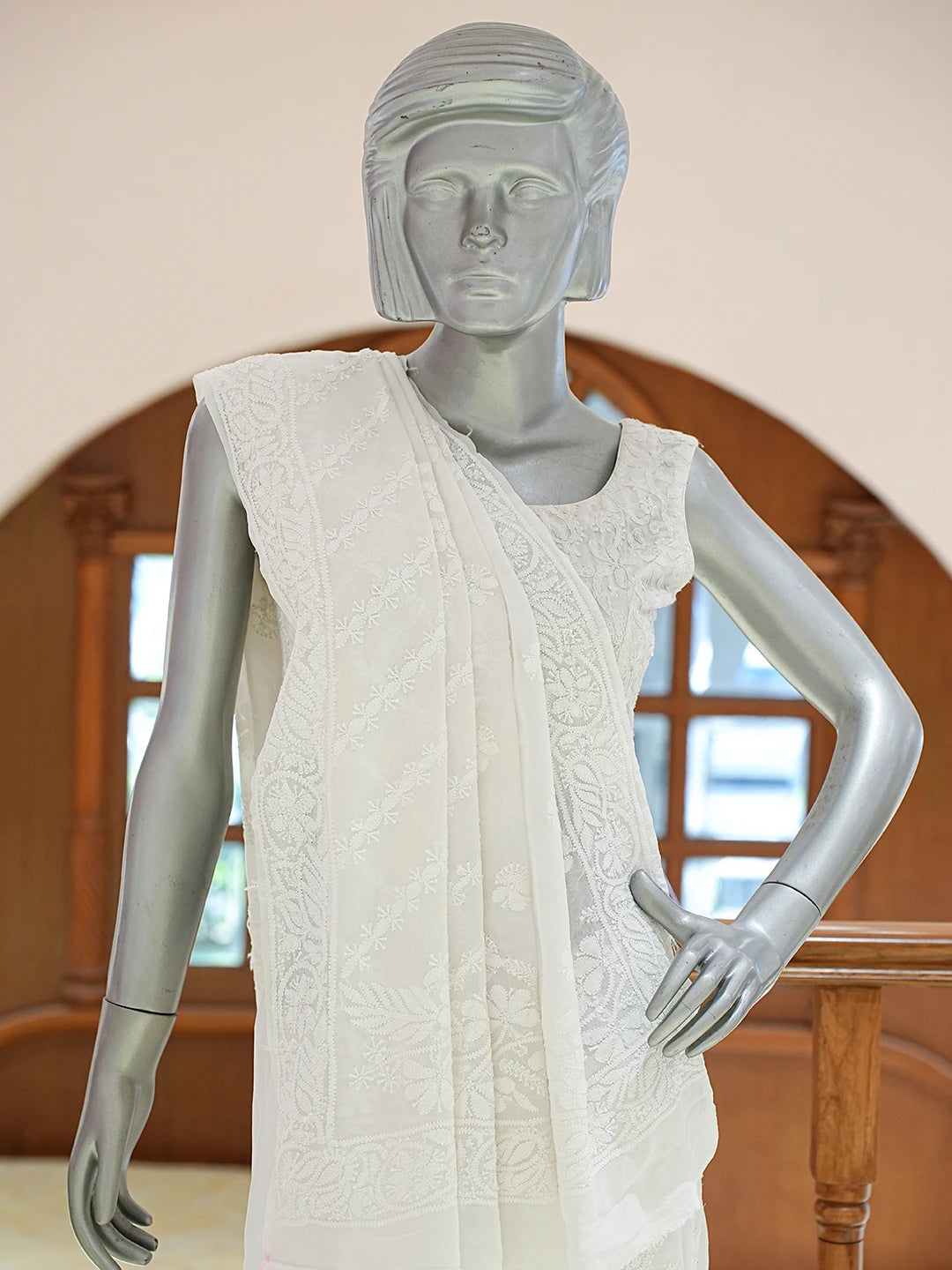 Ada Hand Embroidered White Pure Georgette Lucknowi Chikankari Saree and Blouse 01A834734
