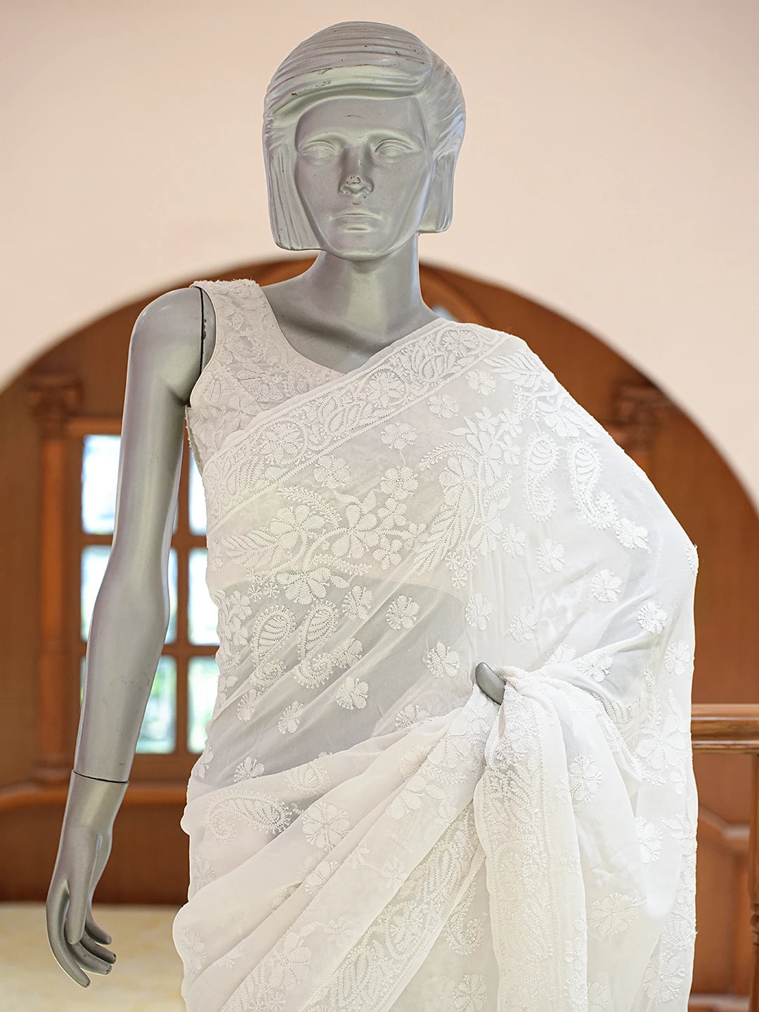 Ada Hand Embroidered White Pure Georgette Lucknowi Chikankari Saree and Blouse 01A834734