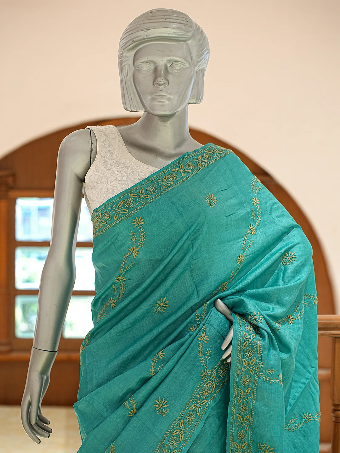 Ada Hand Embroidered Rama Green Silk Lucknowi Chikankari Saree and Blouse 01A836536