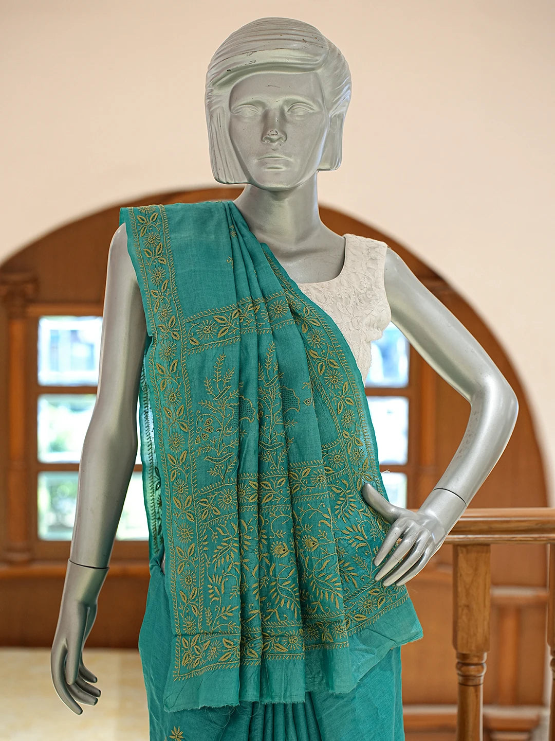 Ada Hand Embroidered Rama Green Silk Lucknowi Chikankari Saree and Blouse 01A836536