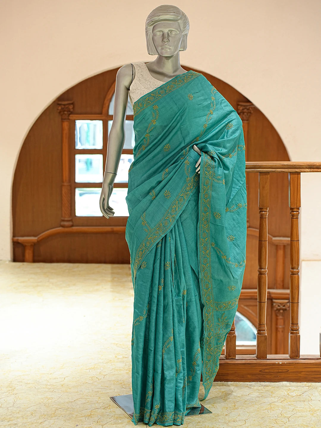 Ada Hand Embroidered Rama Green Silk Lucknowi Chikankari Saree and Blouse 01A836536