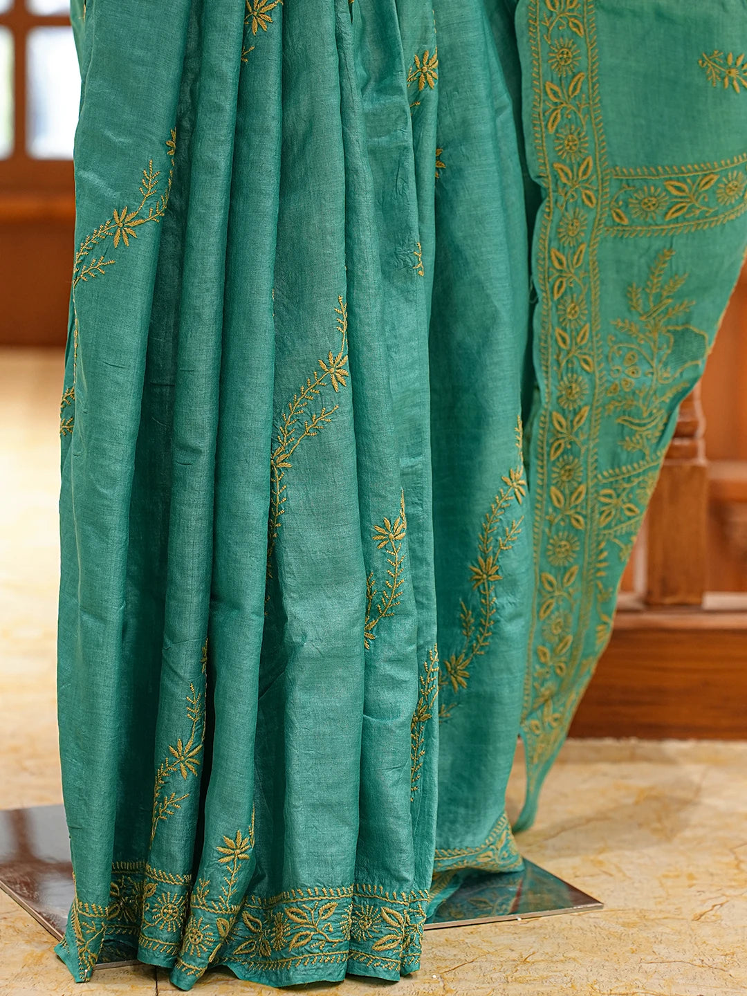 Ada Hand Embroidered Rama Green Silk Lucknowi Chikankari Saree and Blouse 01A836536