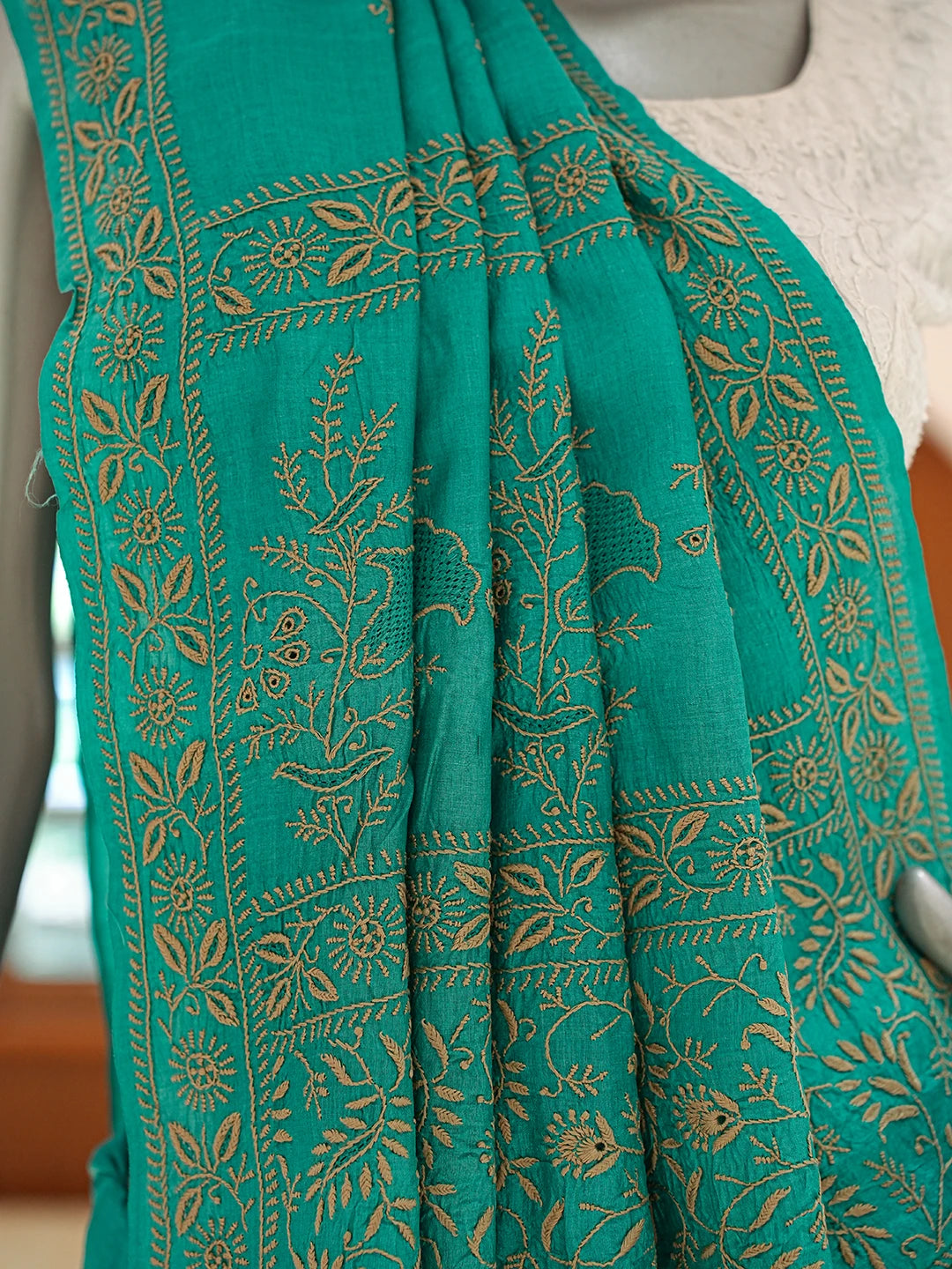 Ada Hand Embroidered Rama Green Silk Lucknowi Chikankari Saree and Blouse 01A836536