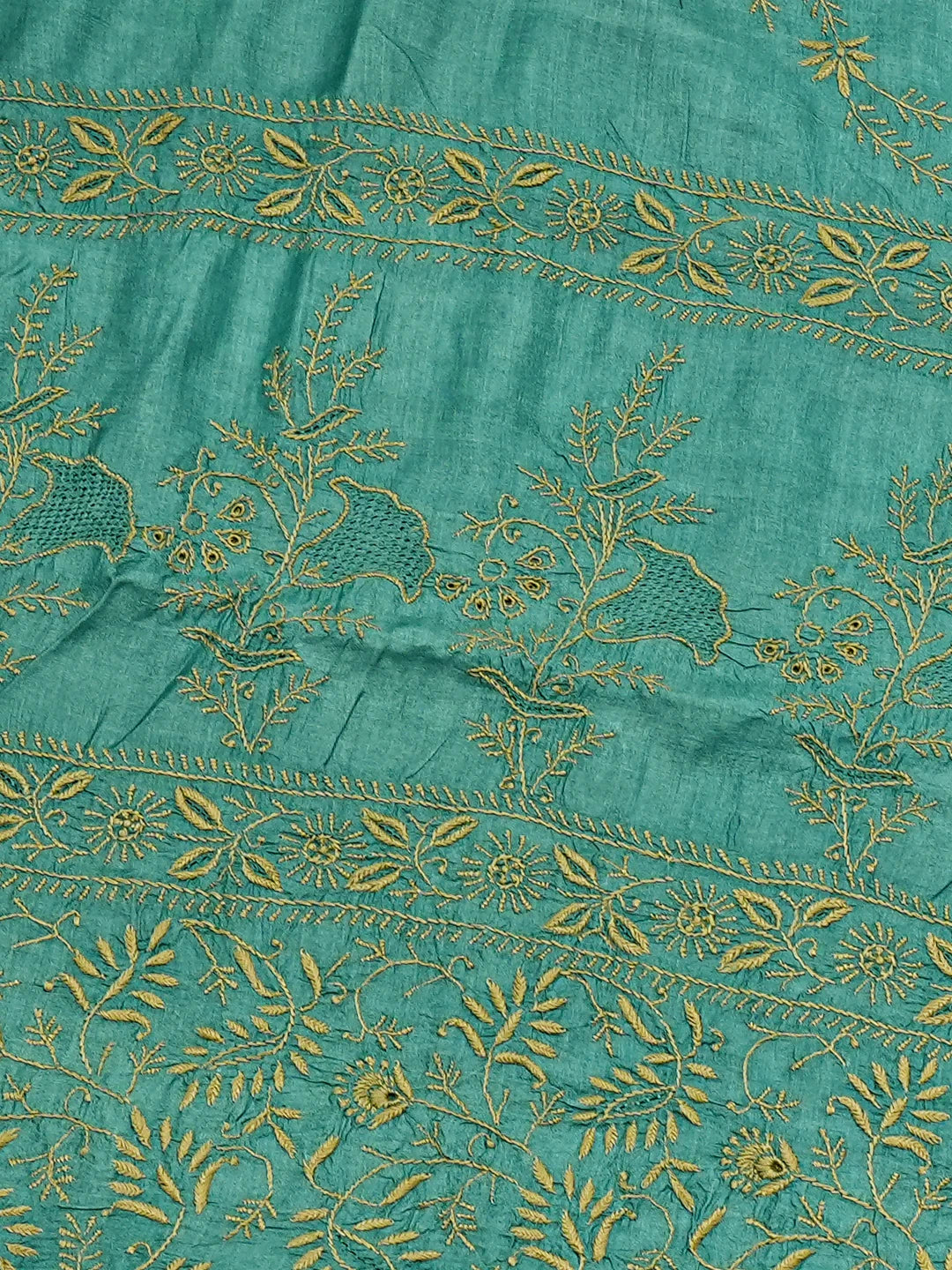 Ada Hand Embroidered Rama Green Silk Lucknowi Chikankari Saree and Blouse 01A836536