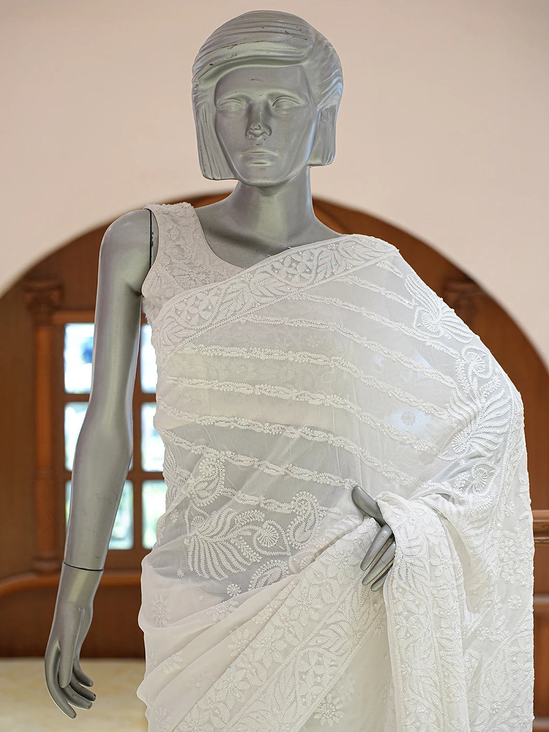 Ada Hand Embroidered White Pure Georgette Lucknowi Chikankari Saree and Blouse With Cutdana Work 01A834750