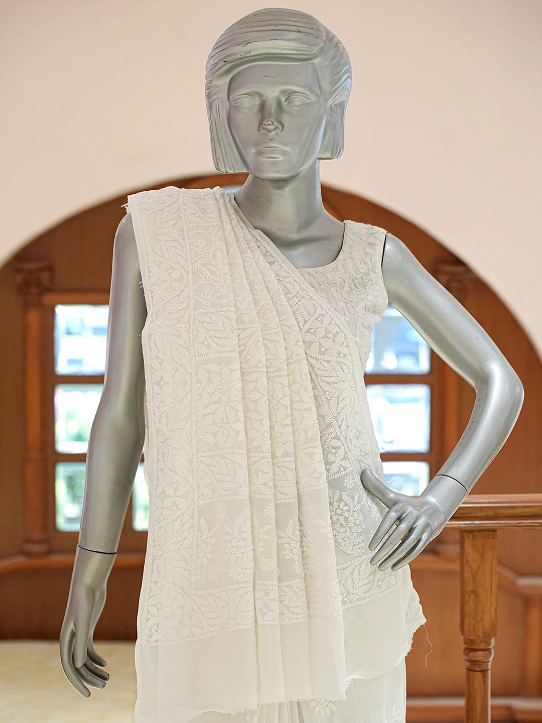 Ada Hand Embroidered White Pure Georgette Lucknowi Chikankari Saree and Blouse With Cutdana Work 01A834750