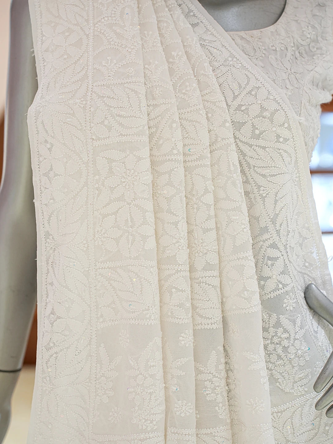 Ada Hand Embroidered White Pure Georgette Lucknowi Chikankari Saree and Blouse With Cutdana Work 01A834750