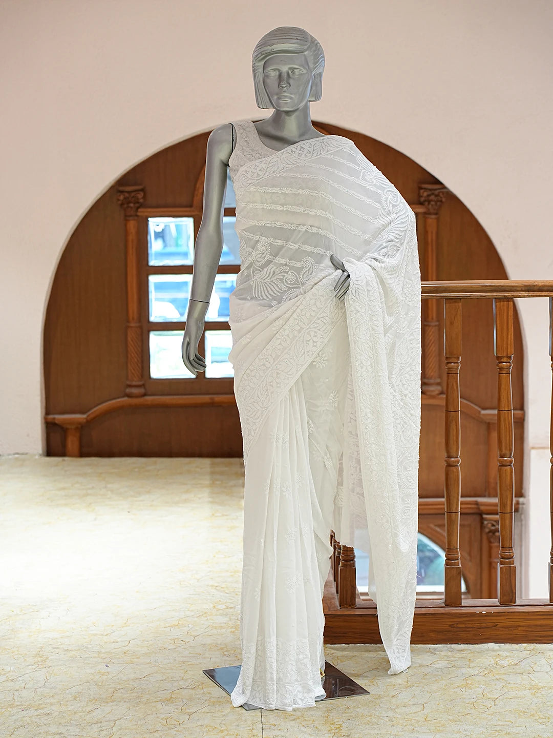 Ada Hand Embroidered White Pure Georgette Lucknowi Chikankari Saree and Blouse With Cutdana Work 01A834750