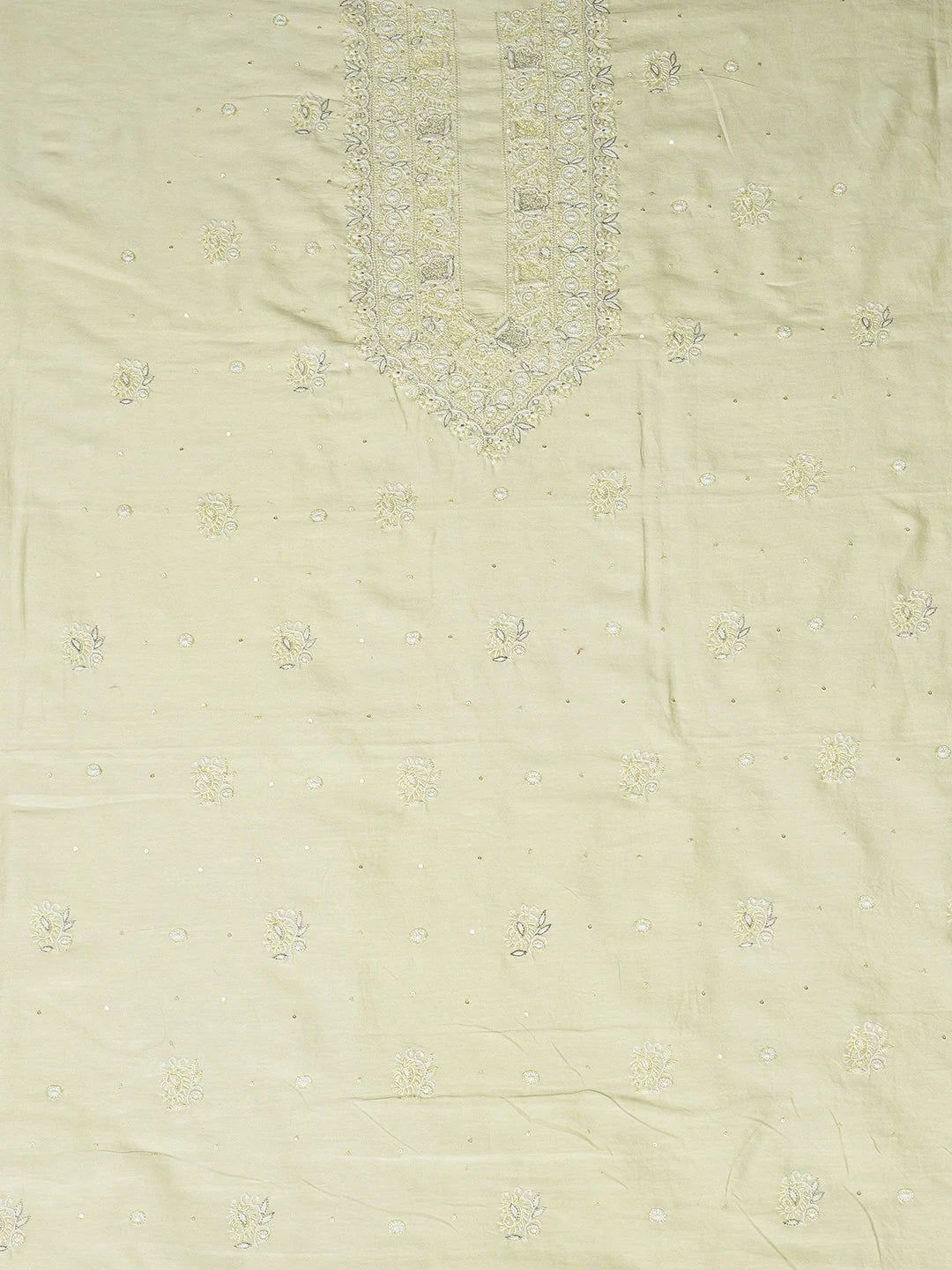 Ada Hand Embroidered Lime Green Chanderi Lucknowi Chikankari Unstitched Men's Kurta Piece With Cutdana Work 01A682634