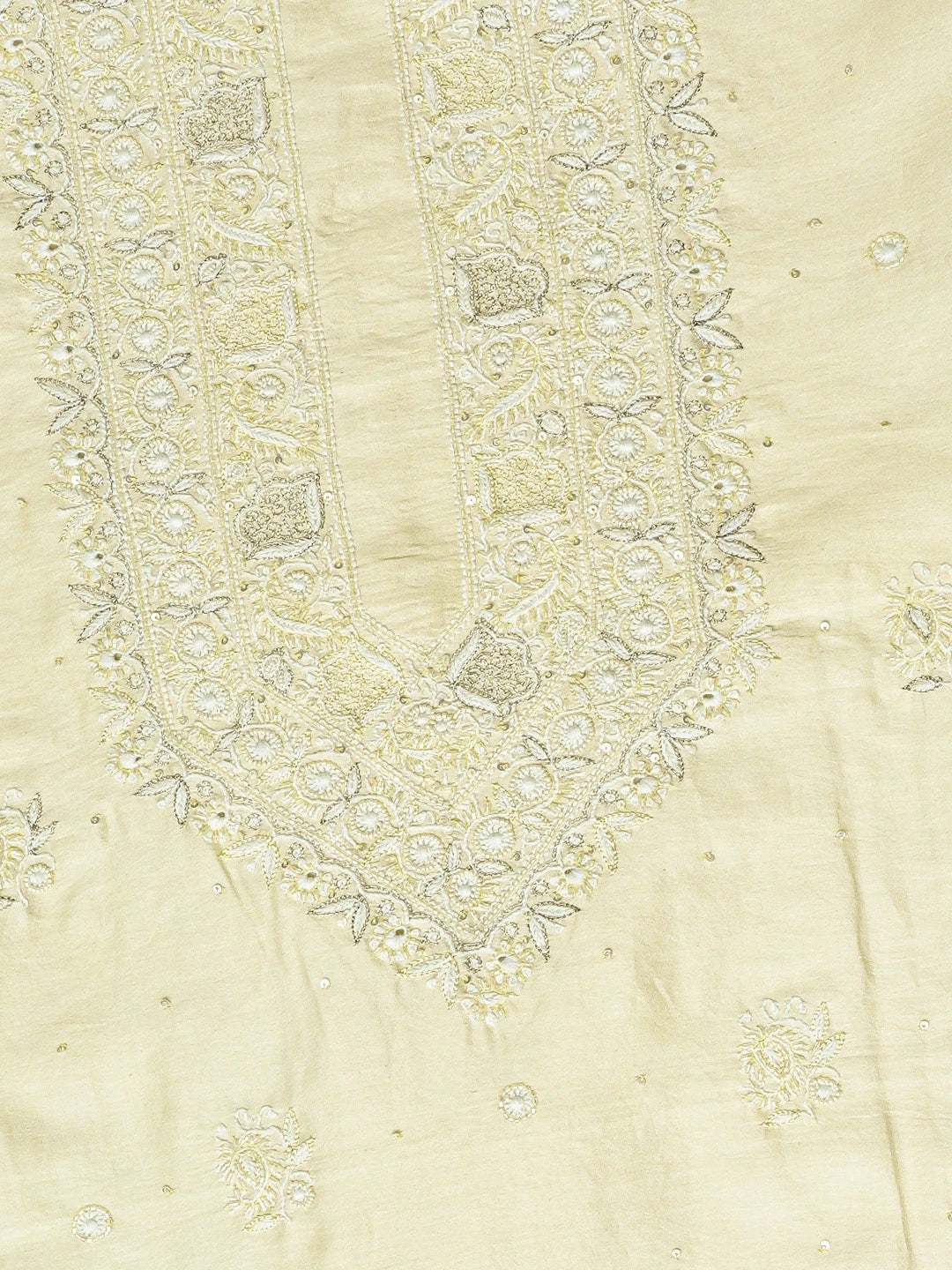 Ada Hand Embroidered Lime Green Chanderi Lucknowi Chikankari Unstitched Men's Kurta Piece With Cutdana Work 01A682634