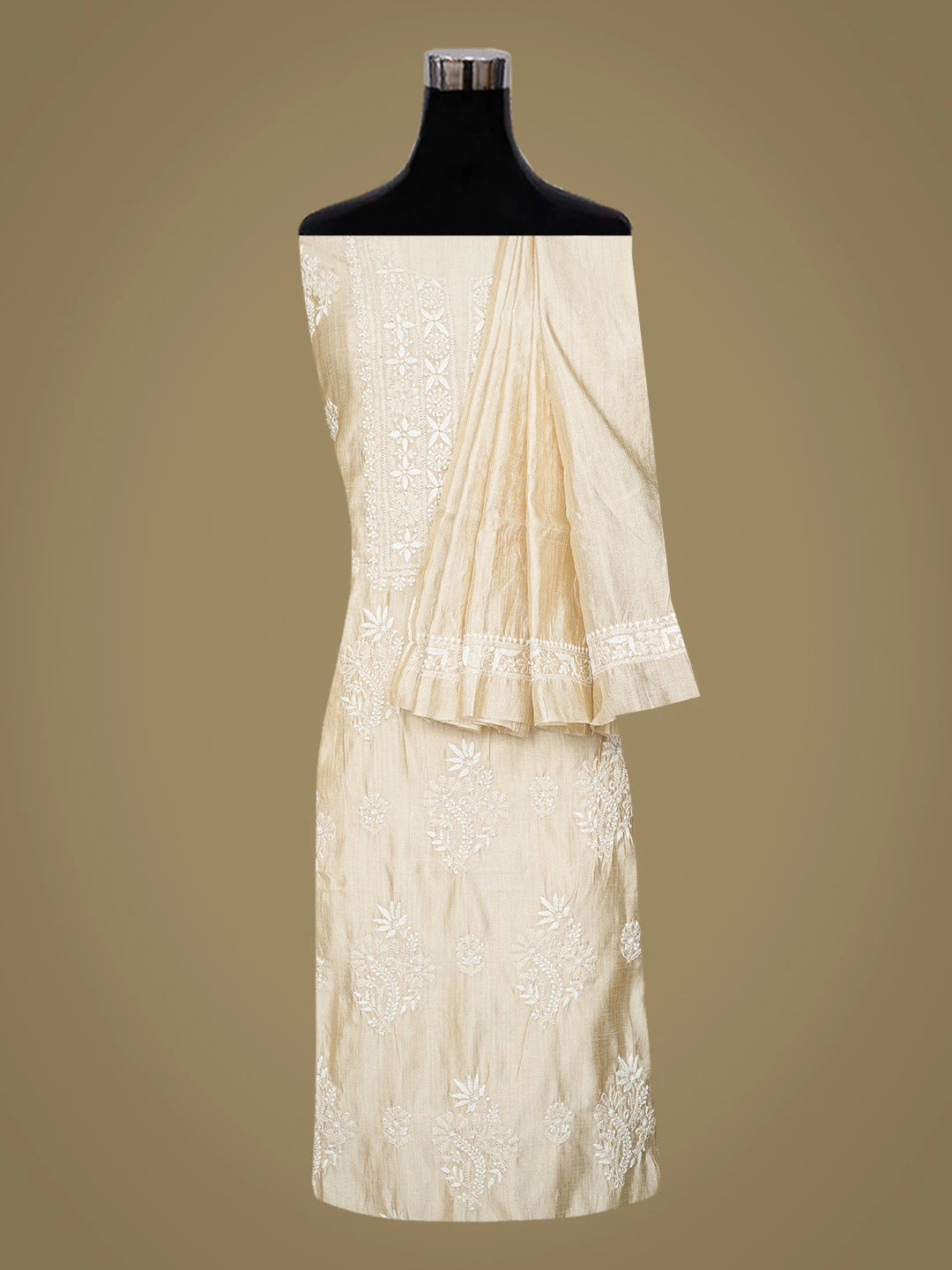 Ada Hand Embroidered Fawn Silk Lucknowi Chikankari Unstitched Kurta Dupatta Set 01A838977