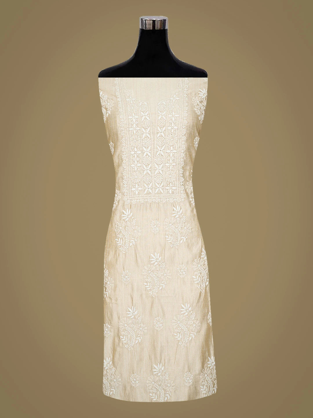 Ada Hand Embroidered Fawn Silk Lucknowi Chikankari Unstitched Kurta Dupatta Set 01A838977