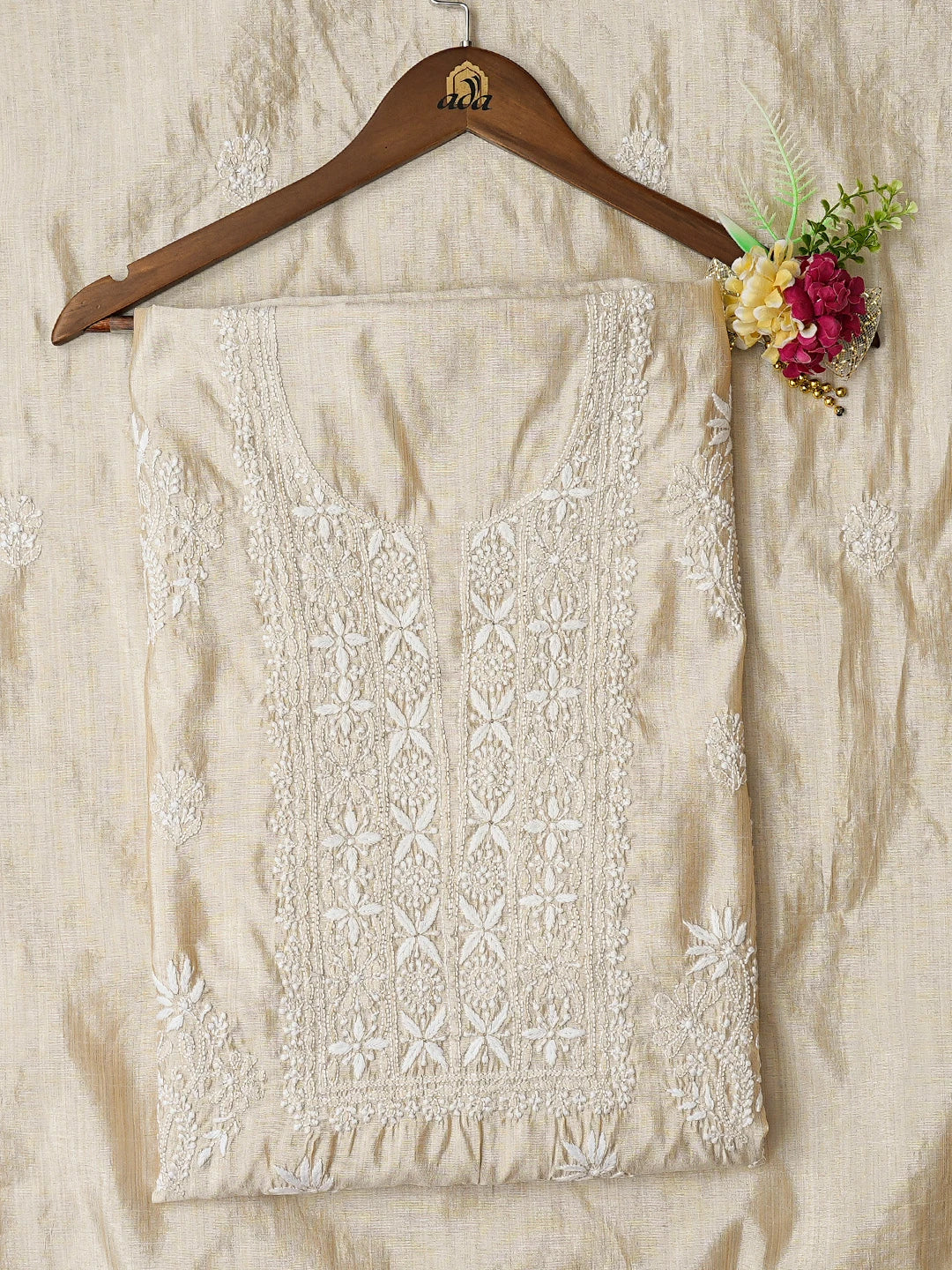 Ada Hand Embroidered Fawn Silk Lucknowi Chikankari Unstitched Kurta Dupatta Set 01A838977