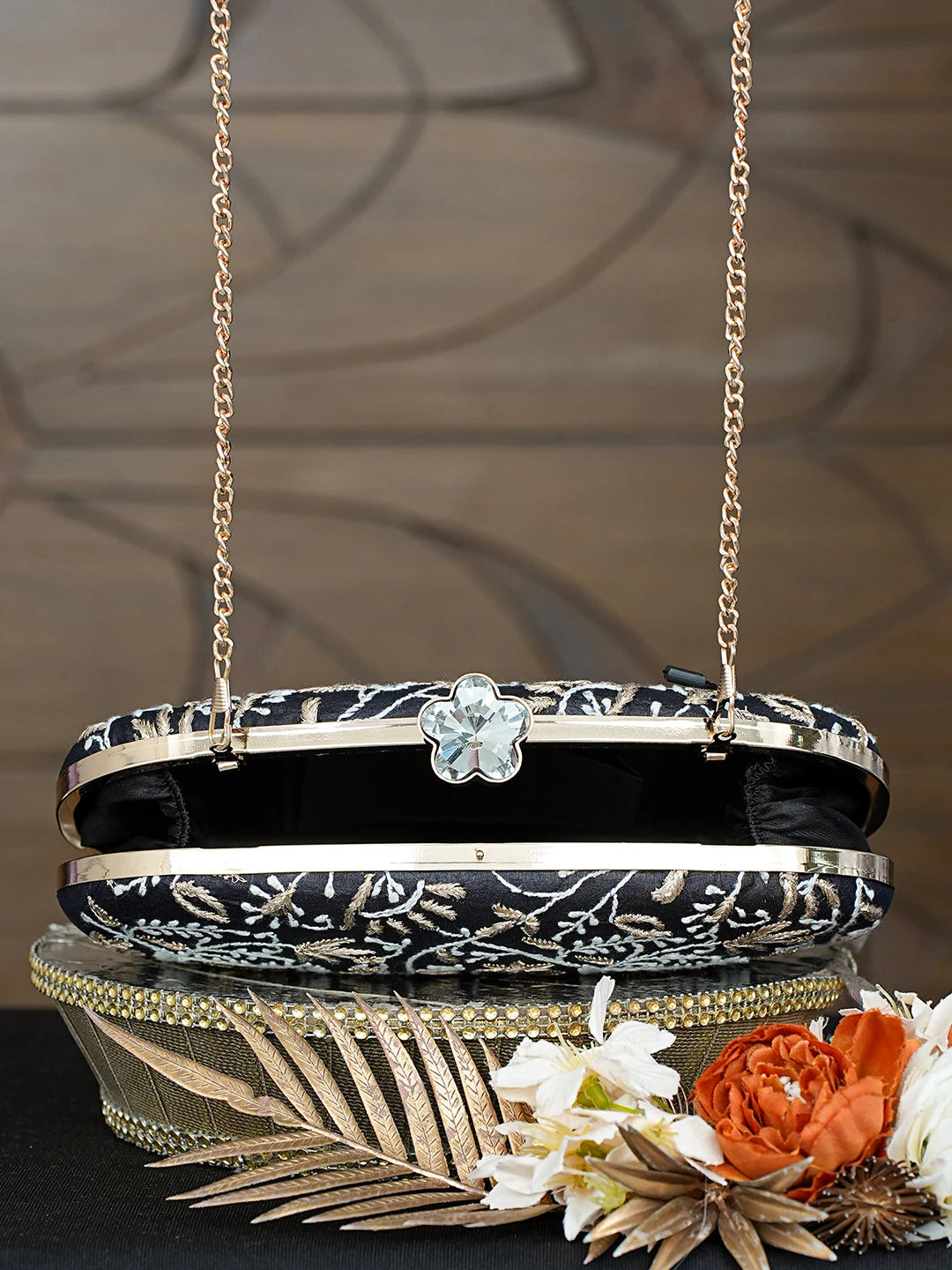Ada Hand Embroidered Black Silk Lucknowi Chikankari Clutch With Zari Taar Work 01A785668