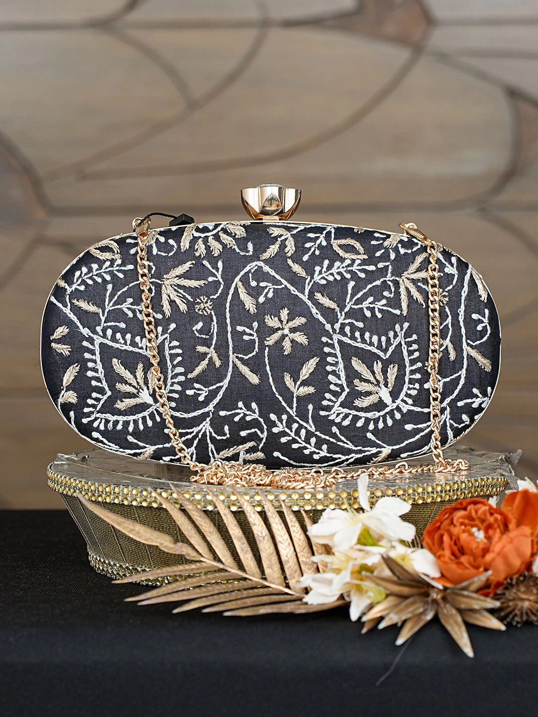 Ada Hand Embroidered Black Silk Lucknowi Chikankari Clutch With Zari Taar Work 01A785668