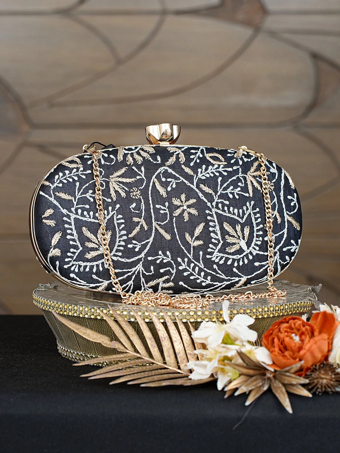 Ada Hand Embroidered Black Silk Lucknowi Chikankari Clutch With Zari Taar Work 01A785668