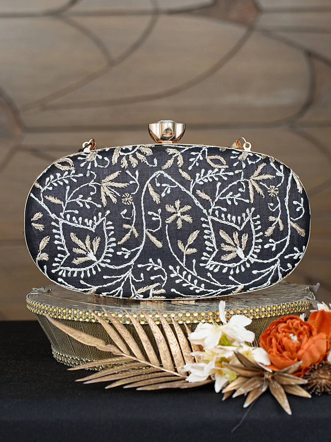 Ada Hand Embroidered Black Silk Lucknowi Chikankari Clutch With Zari Taar Work 01A785668