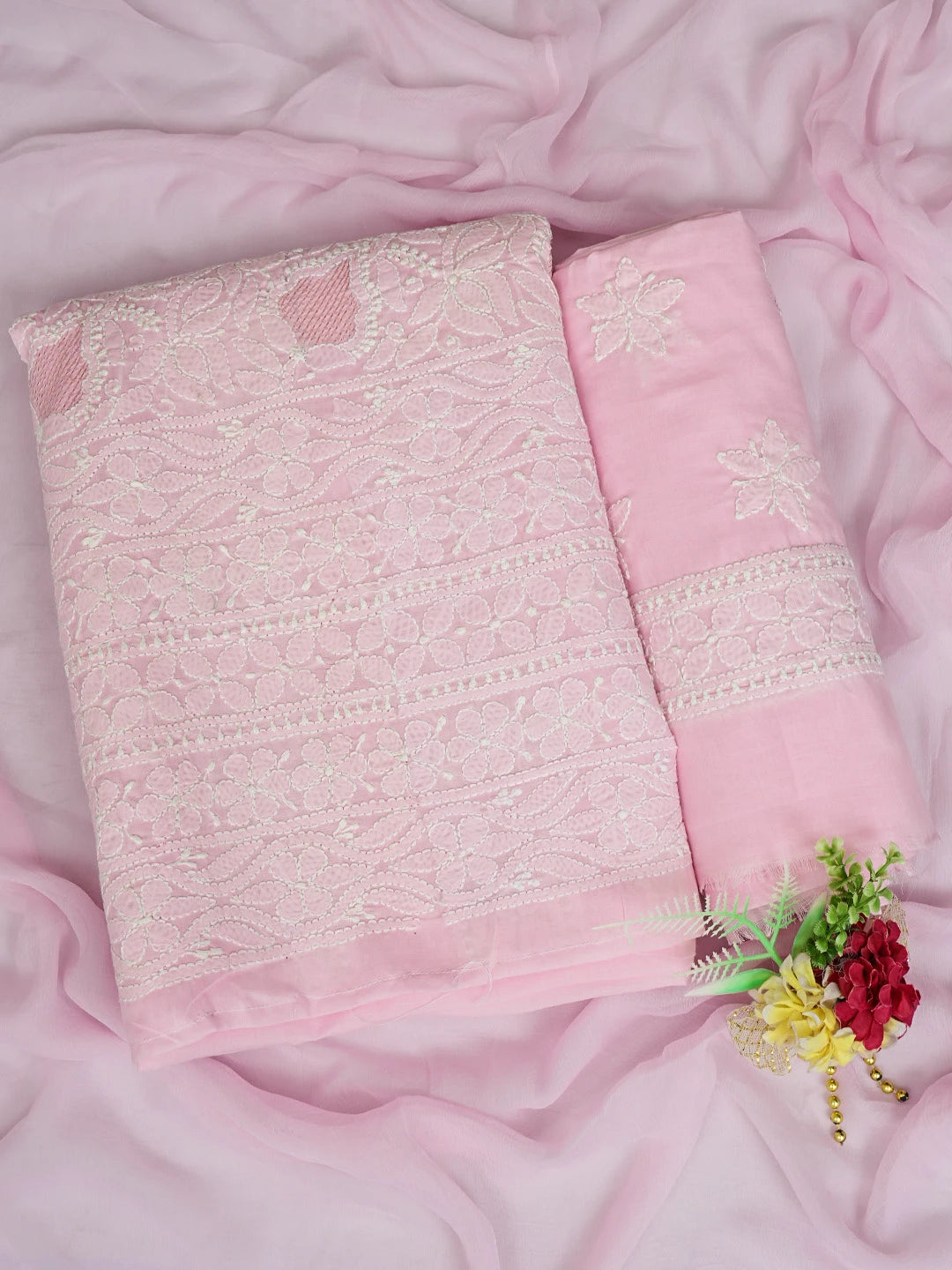 Ada Hand Embroidered Pink Cotton Lucknowi Chikankari Unstitched Suit Piece 01A844687