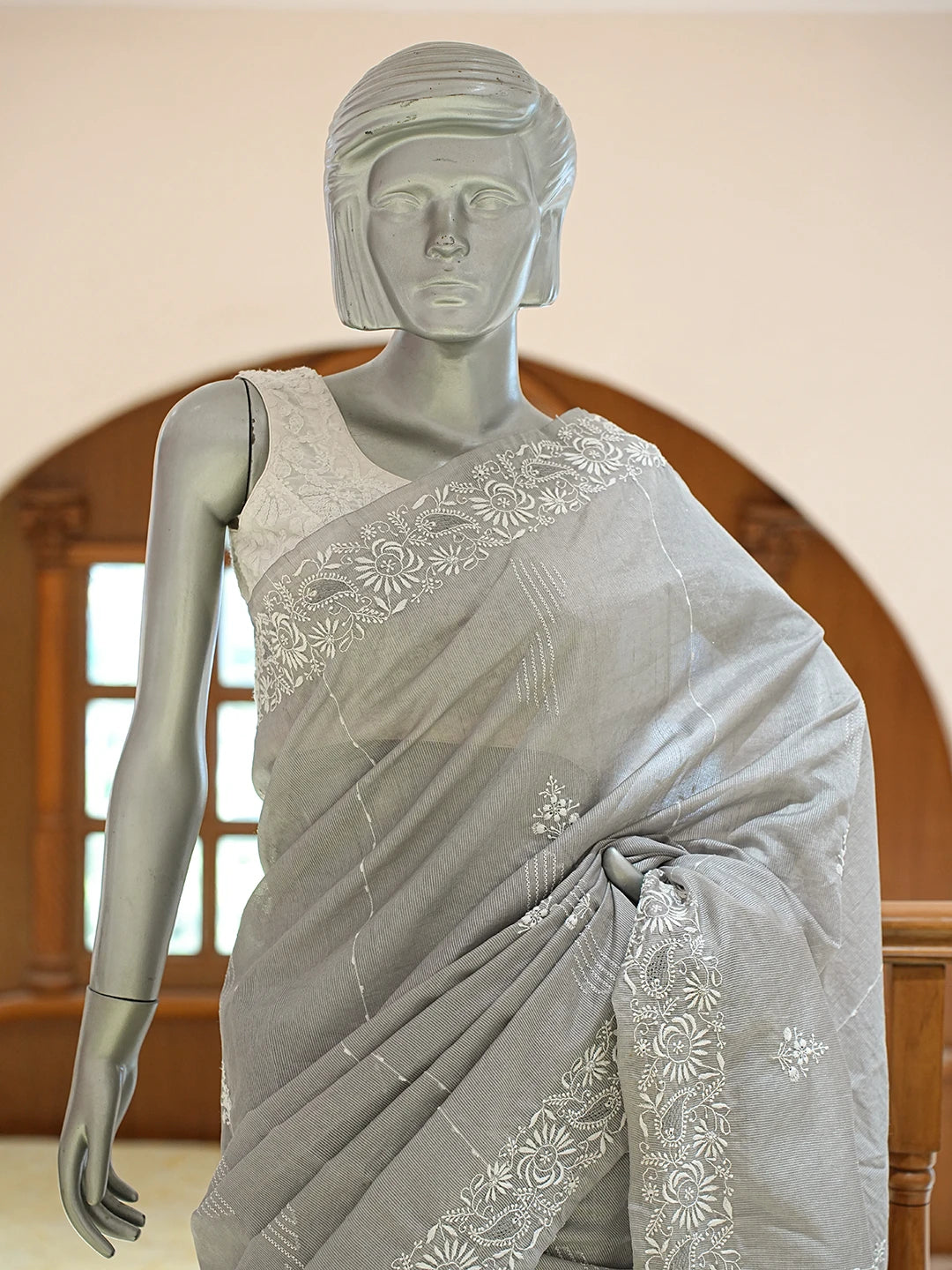 Ada Hand Embroidered Grey Silk Lucknowi Chikankari Saree and Blouse 01A376428