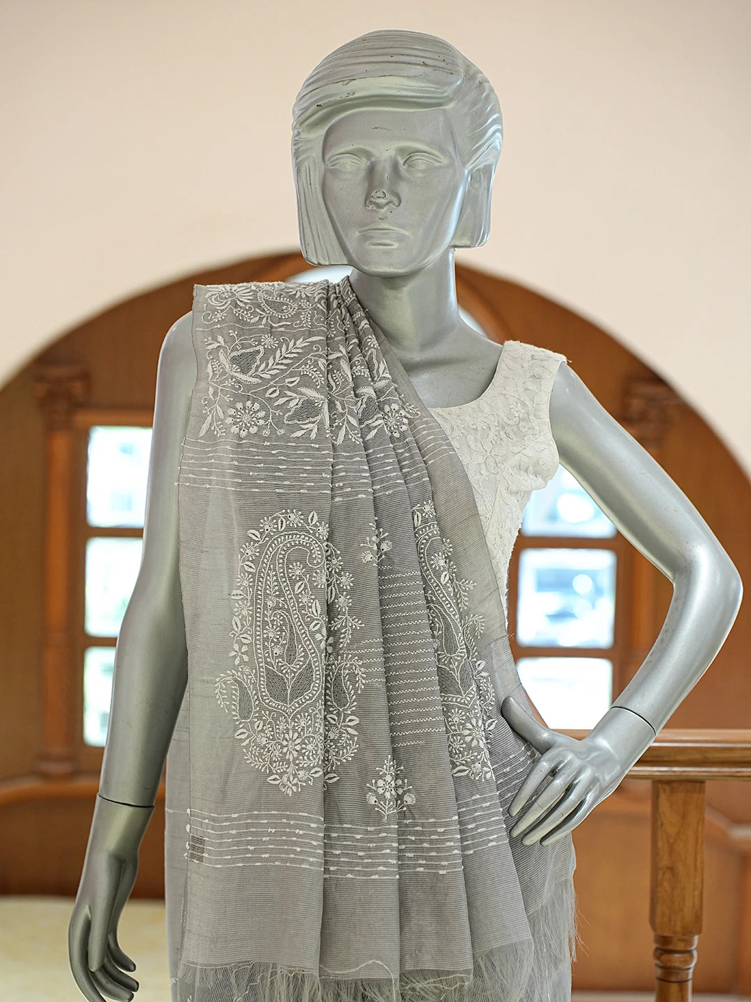 Ada Hand Embroidered Grey Silk Lucknowi Chikankari Saree and Blouse 01A376428