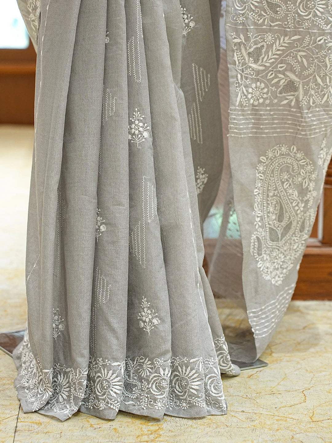 Ada Hand Embroidered Grey Silk Lucknowi Chikankari Saree and Blouse 01A376428