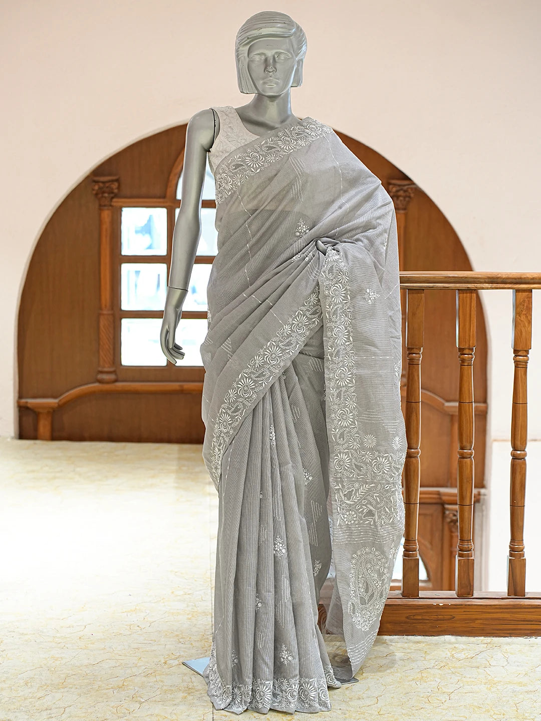 Ada Hand Embroidered Grey Silk Lucknowi Chikankari Saree and Blouse 01A376428