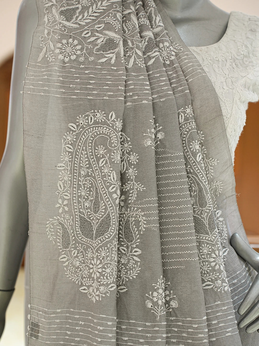 Ada Hand Embroidered Grey Silk Lucknowi Chikankari Saree and Blouse 01A376428