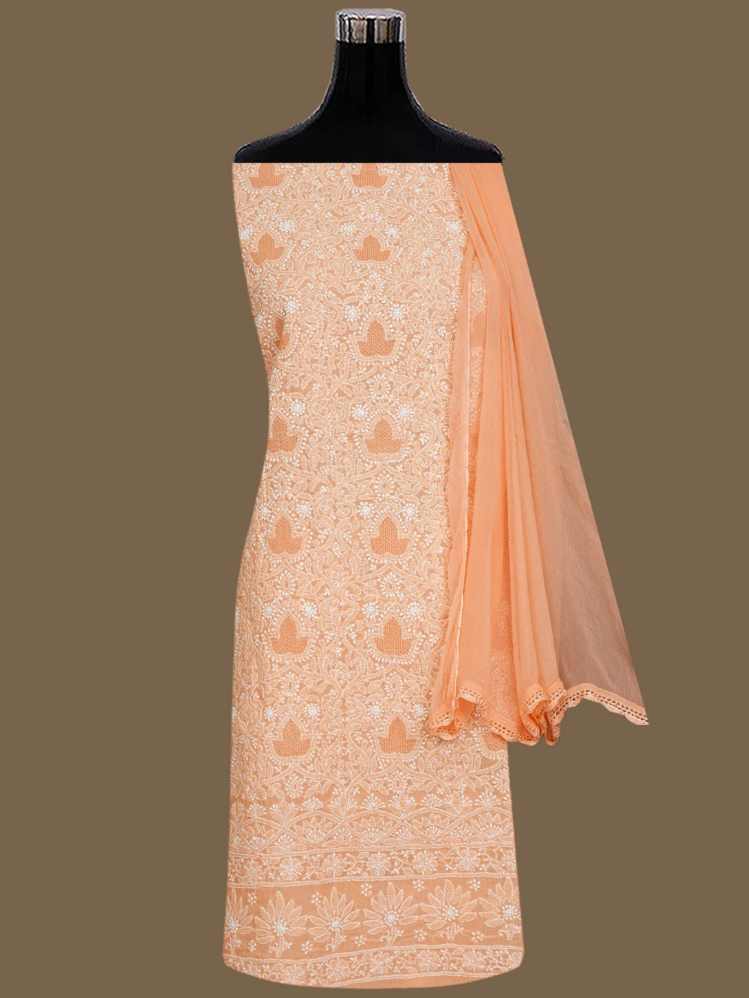 Ada Hand Embroidered Creamy Peach Cotton Lucknowi Chikankari Unstitched Suit Piece 01A844686