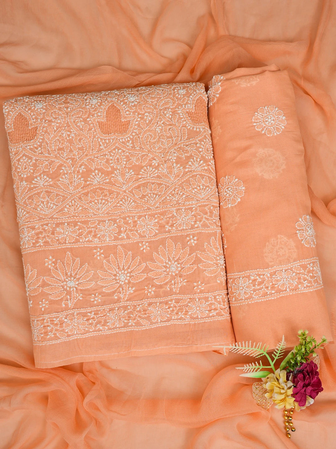 Ada Hand Embroidered Creamy Peach Cotton Lucknowi Chikankari Unstitched Suit Piece 01A844686